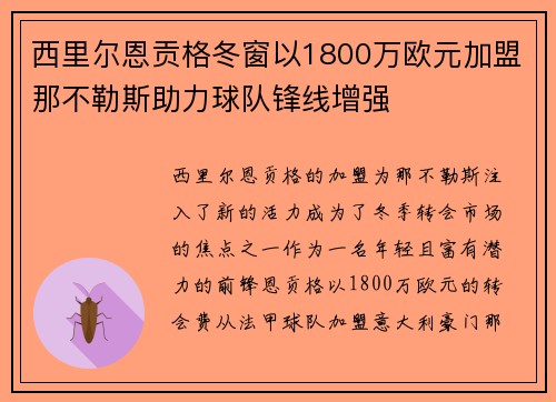 西里尔恩贡格冬窗以1800万欧元加盟那不勒斯助力球队锋线增强