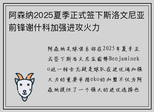 阿森纳2025夏季正式签下斯洛文尼亚前锋谢什科加强进攻火力