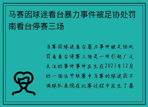 马赛因球迷看台暴力事件被足协处罚南看台停赛三场