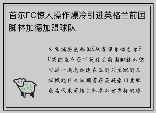 首尔FC惊人操作爆冷引进英格兰前国脚林加德加盟球队